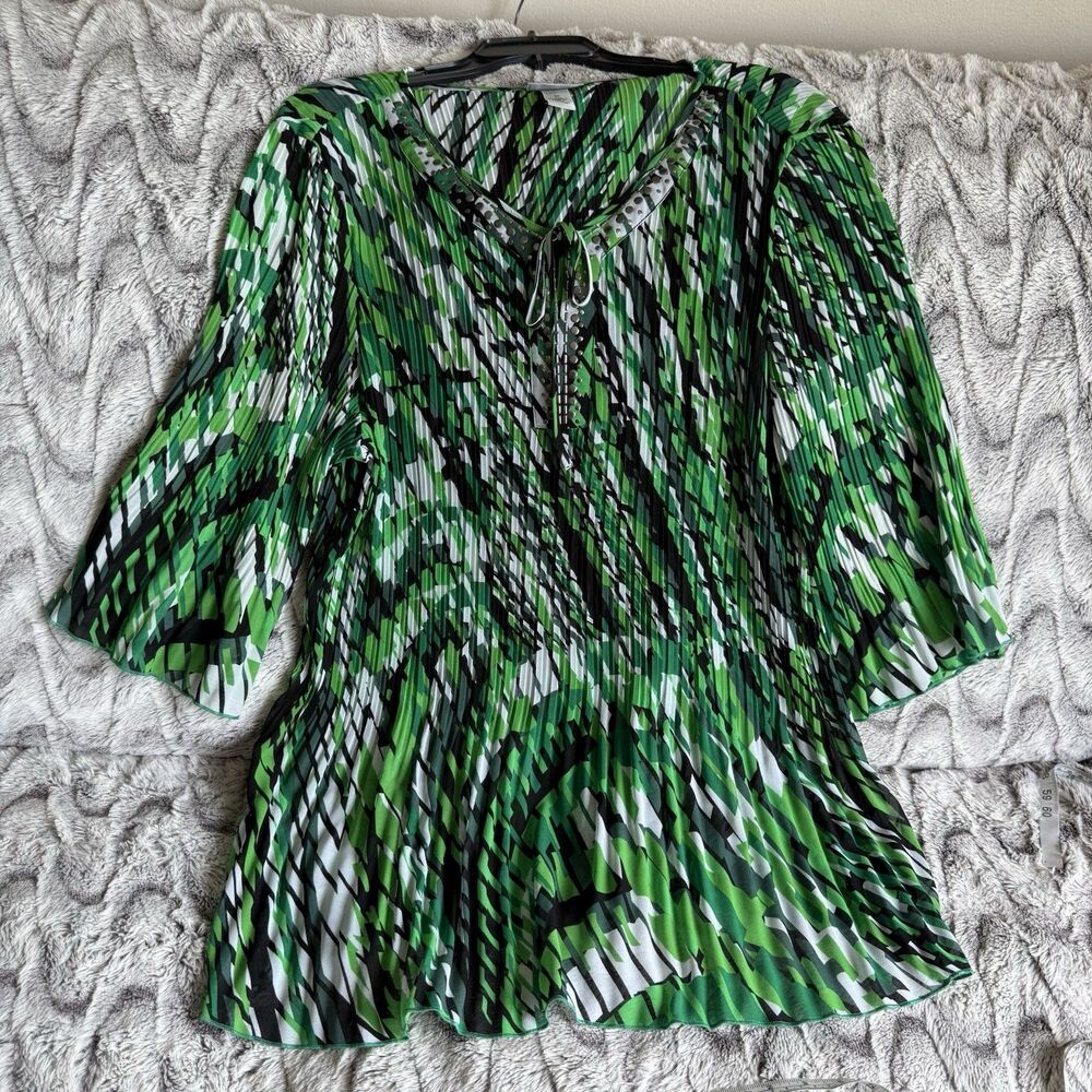 Catherines 2X Green Black Abstract Tunic Blouse Boho Resort Plus Size NWT